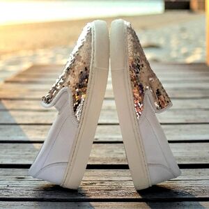 Tory Burch Carter Sequin Slip On Sneaker Sz 9.5 White/Gold EUC